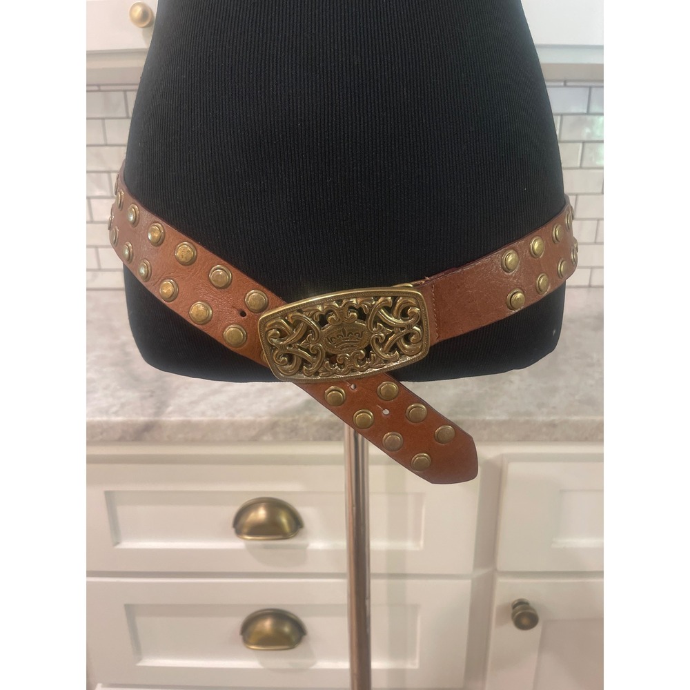 Juicy Couture Belt Womens Brown Medium Studded Leather Crown Filigree Buckle Y2K